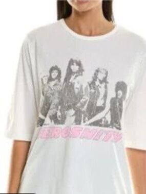 Recycled Karma White Aerosmith Photo Tee with Pink Logo 3/4 Sleeve